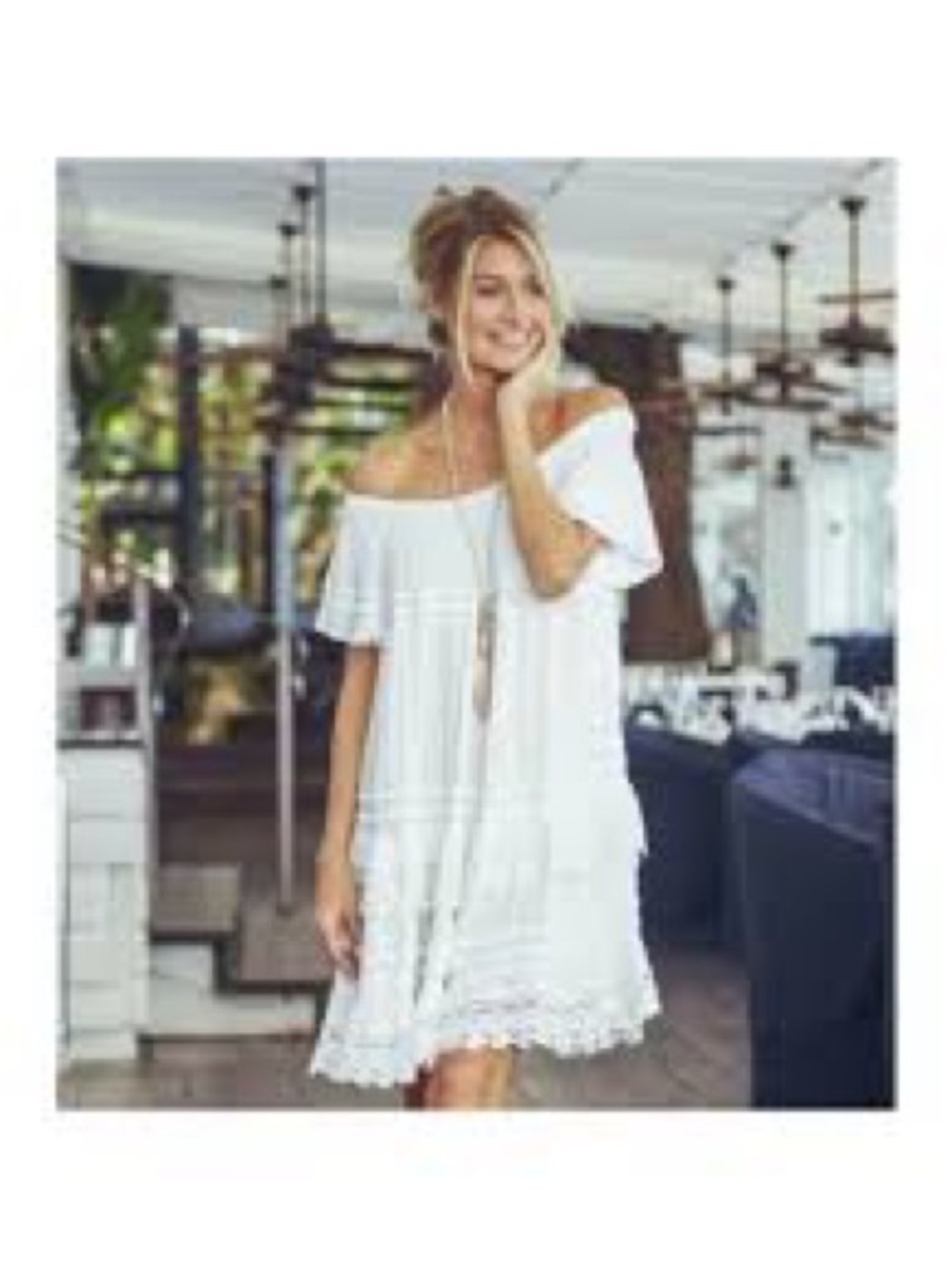 Surf Gypsy Cream Off-Shoulder Midi Dress with Crochet Trim